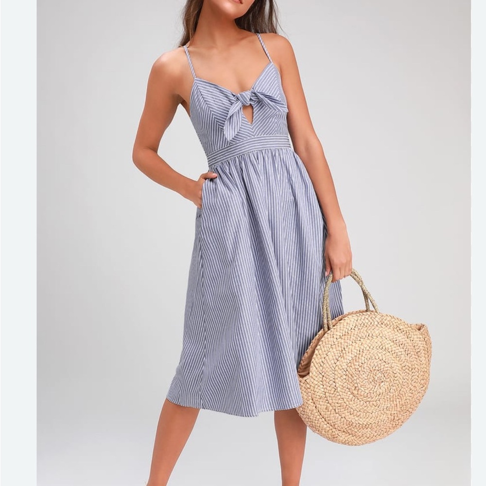 Lulus Joyful Days Blue Striped Knotted Front Midi Dress With Pockets